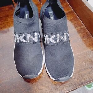 DKNY Black Knit Slip-On Sneakers with White Logo Band